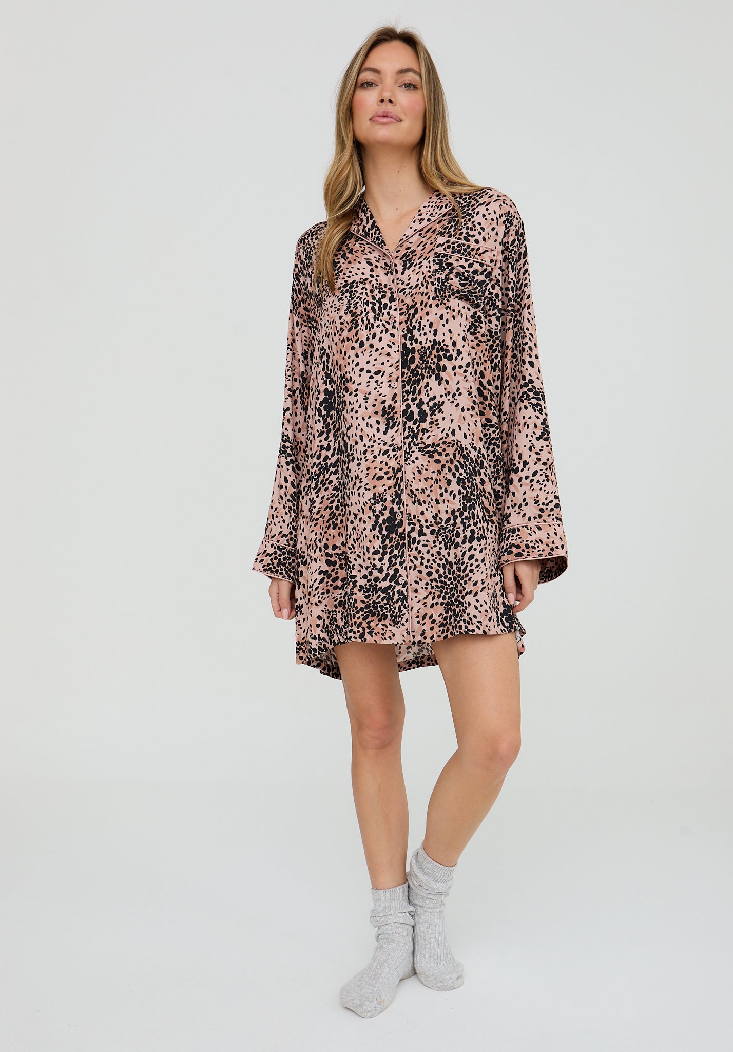 Simone Long Sleeve Animal Print Nightshirt In Brown