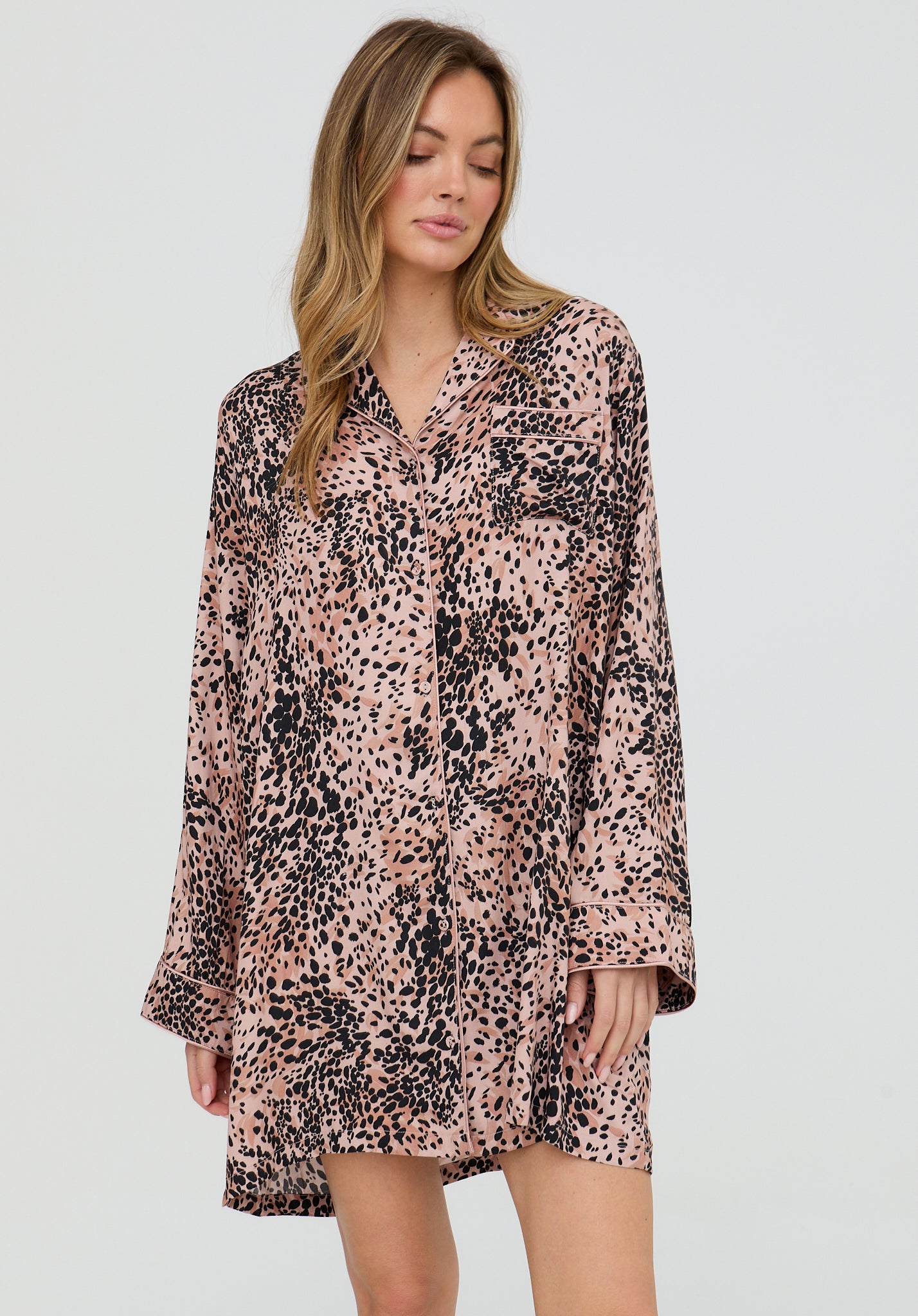 Simone Long Sleeve Animal Print Nightshirt In Brown
