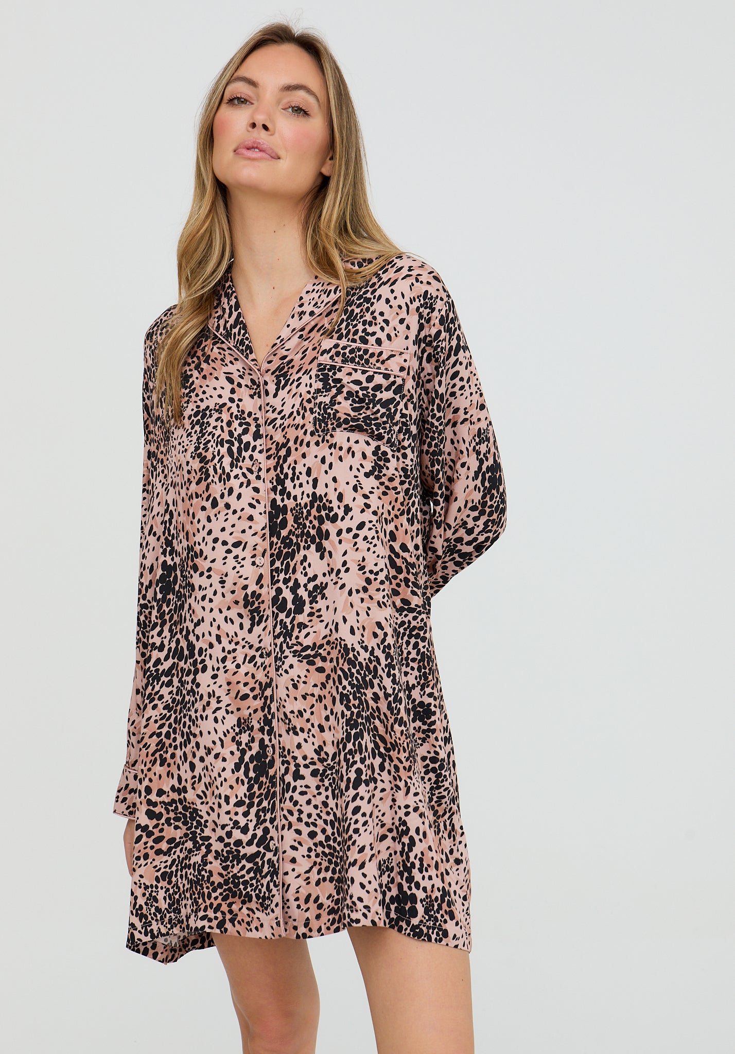 Simone Long Sleeve Animal Print Nightshirt In Brown