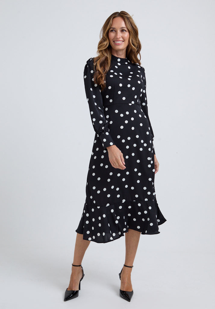 Sophie Polka Dot Midi Dress In Black Dresses Lily and Lionel