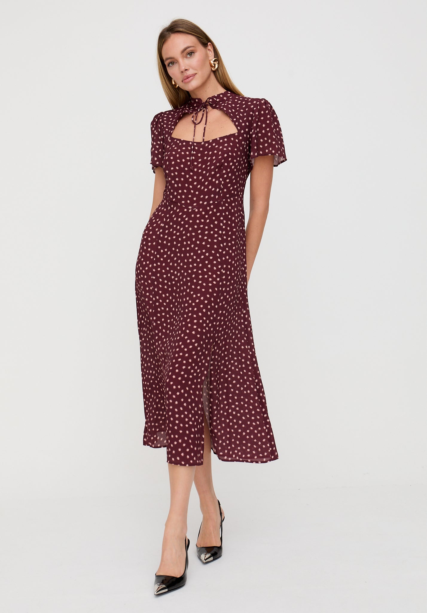 Primrose Star Print Midi Dress In Burgundy