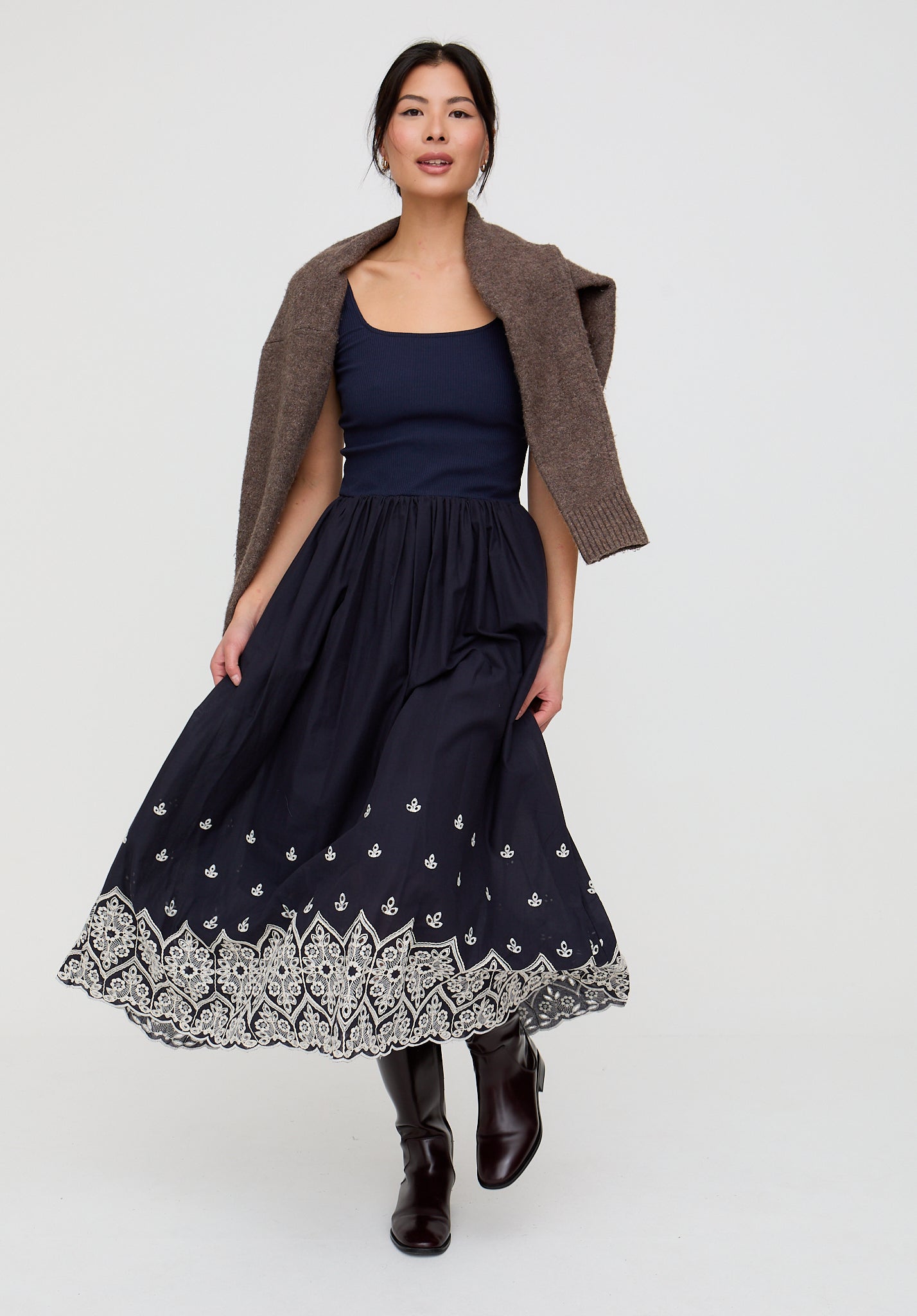 navy blue dress with white embroidery Cora Sleeveless Jersey Bodice Embroidered Midi Dress In Navy