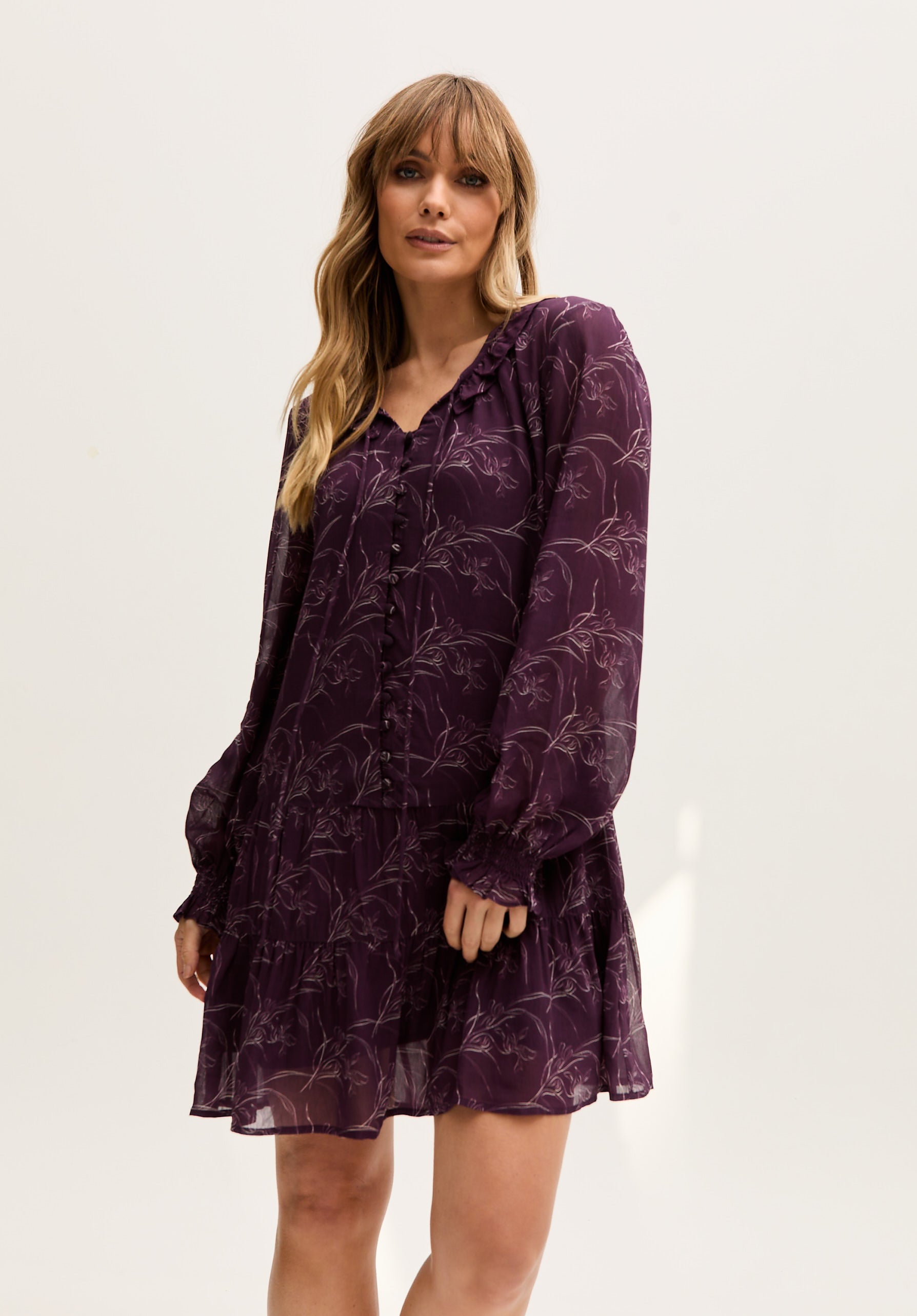 Henrietta Floral Print Button Down Mini Dress In Purple