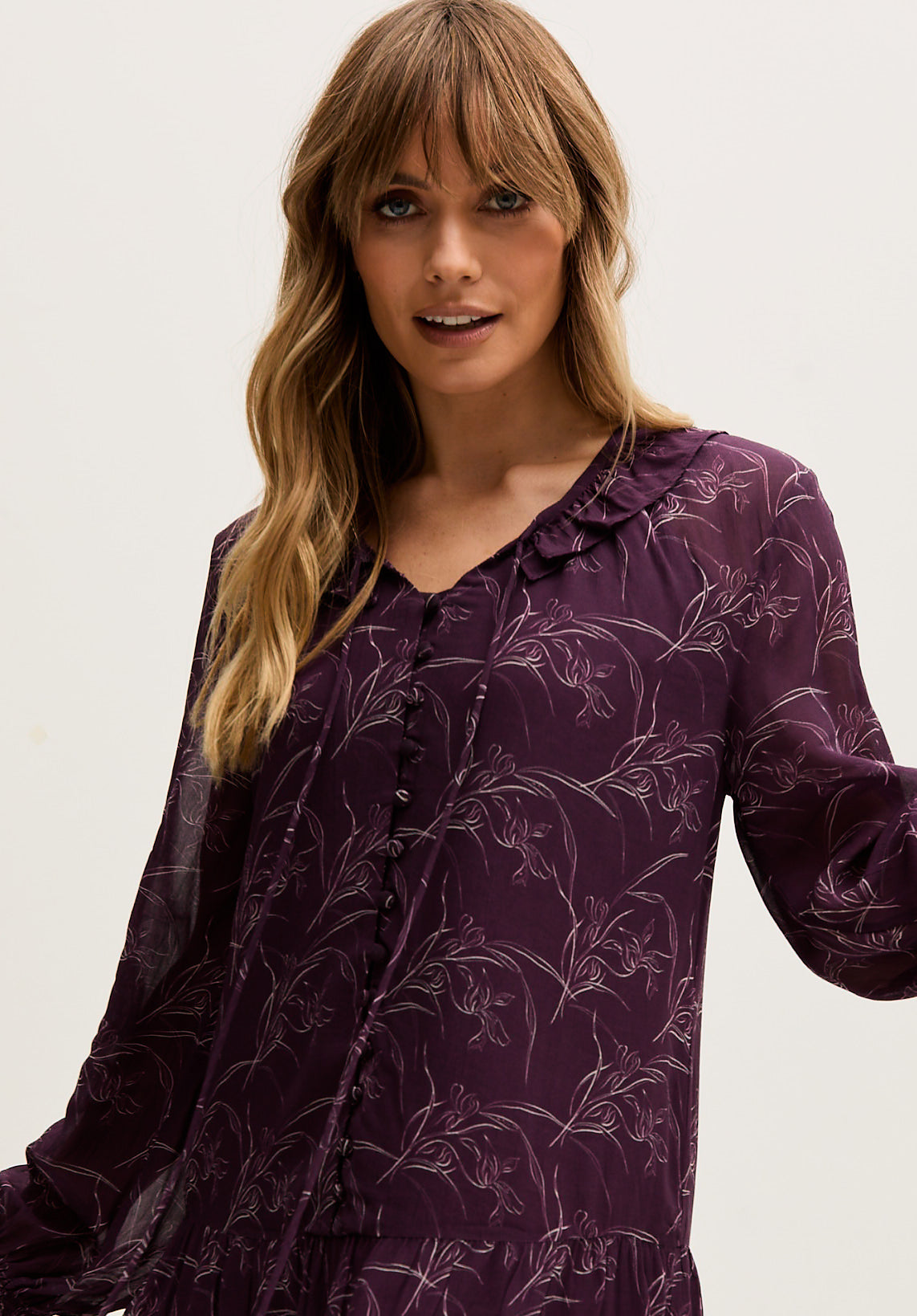 Henrietta Floral Print Button Down Mini Dress In Purple