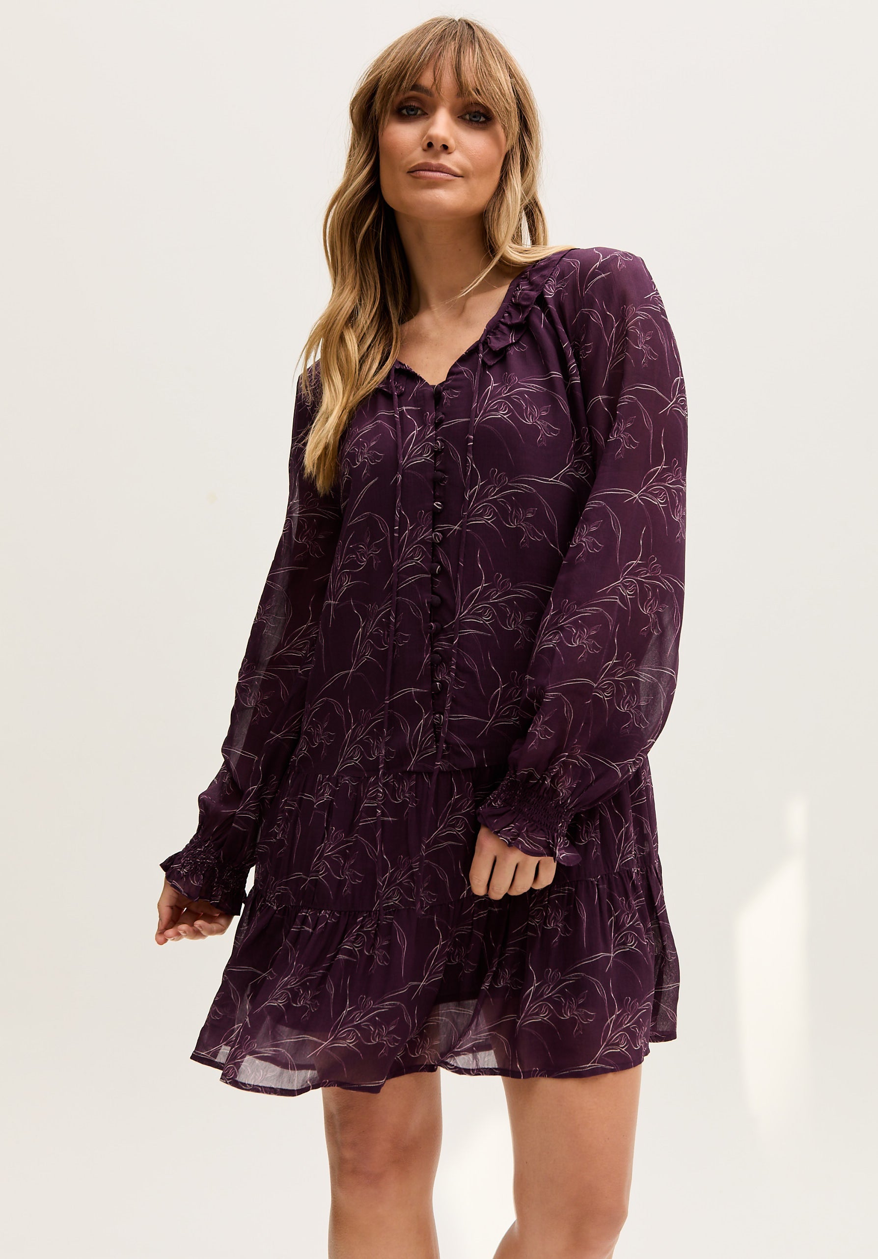 Henrietta Floral Print Button Down Mini Dress In Purple