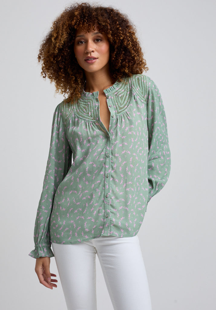Light green Printed Blouse with gathered cuffs and embroidered neck detail