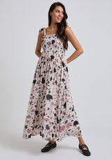 Floral Printed Midi dress with tie shoulder detail and gathered bust