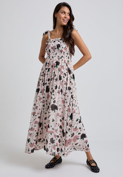 Floral Printed Midi dress with tie shoulder detail and gathered bust