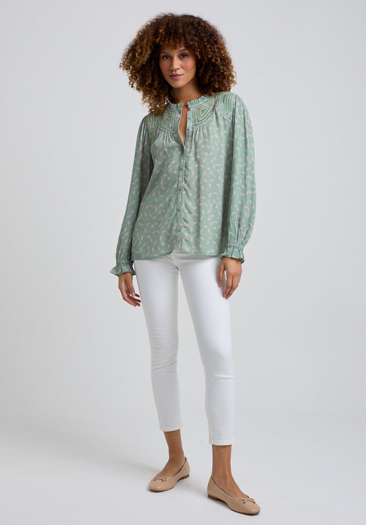 Light green Printed Blouse with gathered cuffs and embroidered neck detail