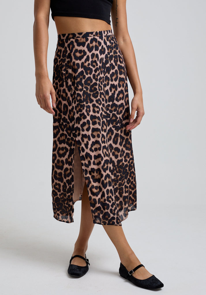 Grace Big Cat Midi Skirt in Brown