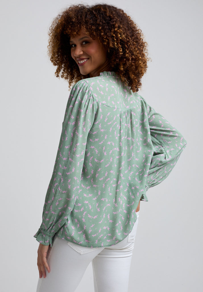 Light green Printed Blouse with gathered cuffs and embroidered neck detail