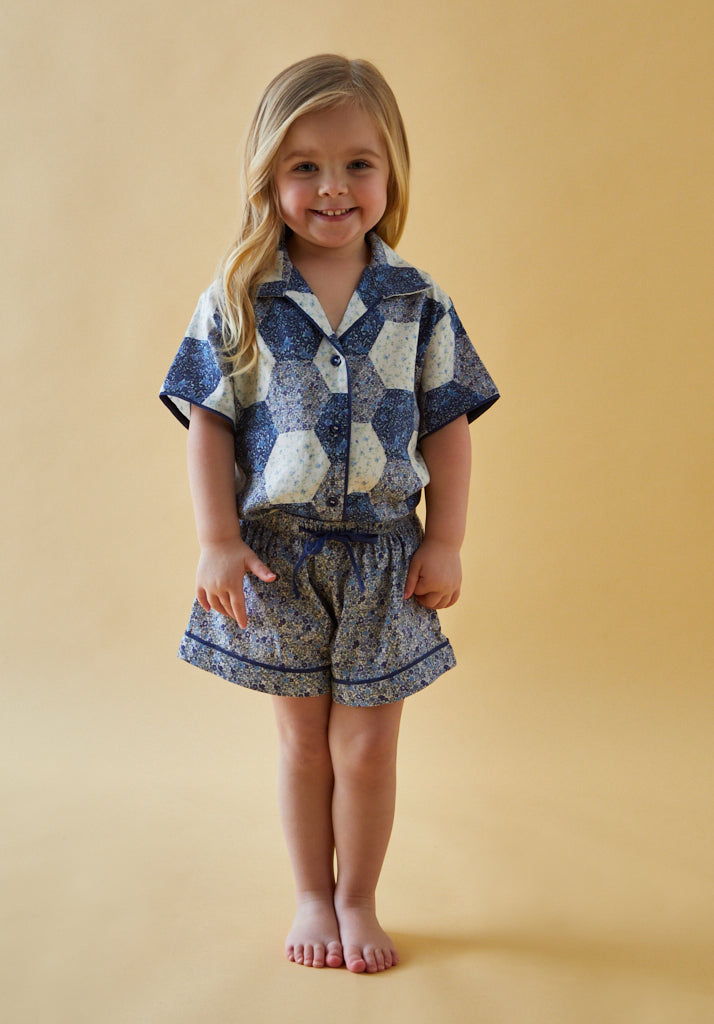 Girls patchwork Printed Shirt and Short Pyjama Set with piping detail in Blue