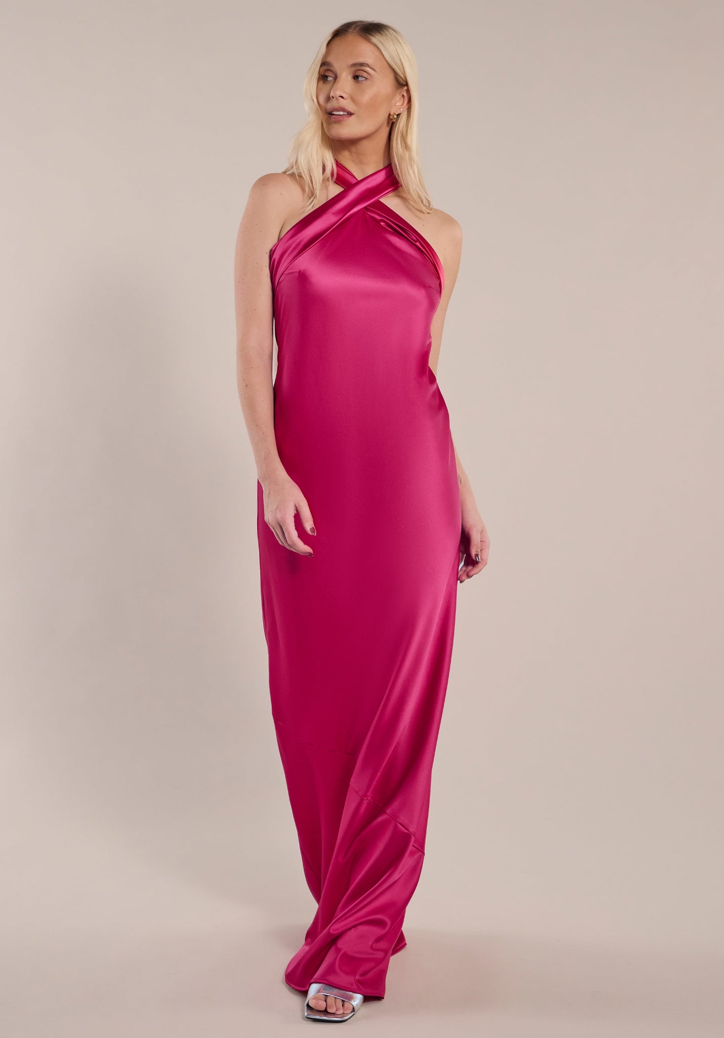 Roma Dress in Hot Pink Satin — Halterneck Maxi Bridesmaid Dress – Lily and Lionel