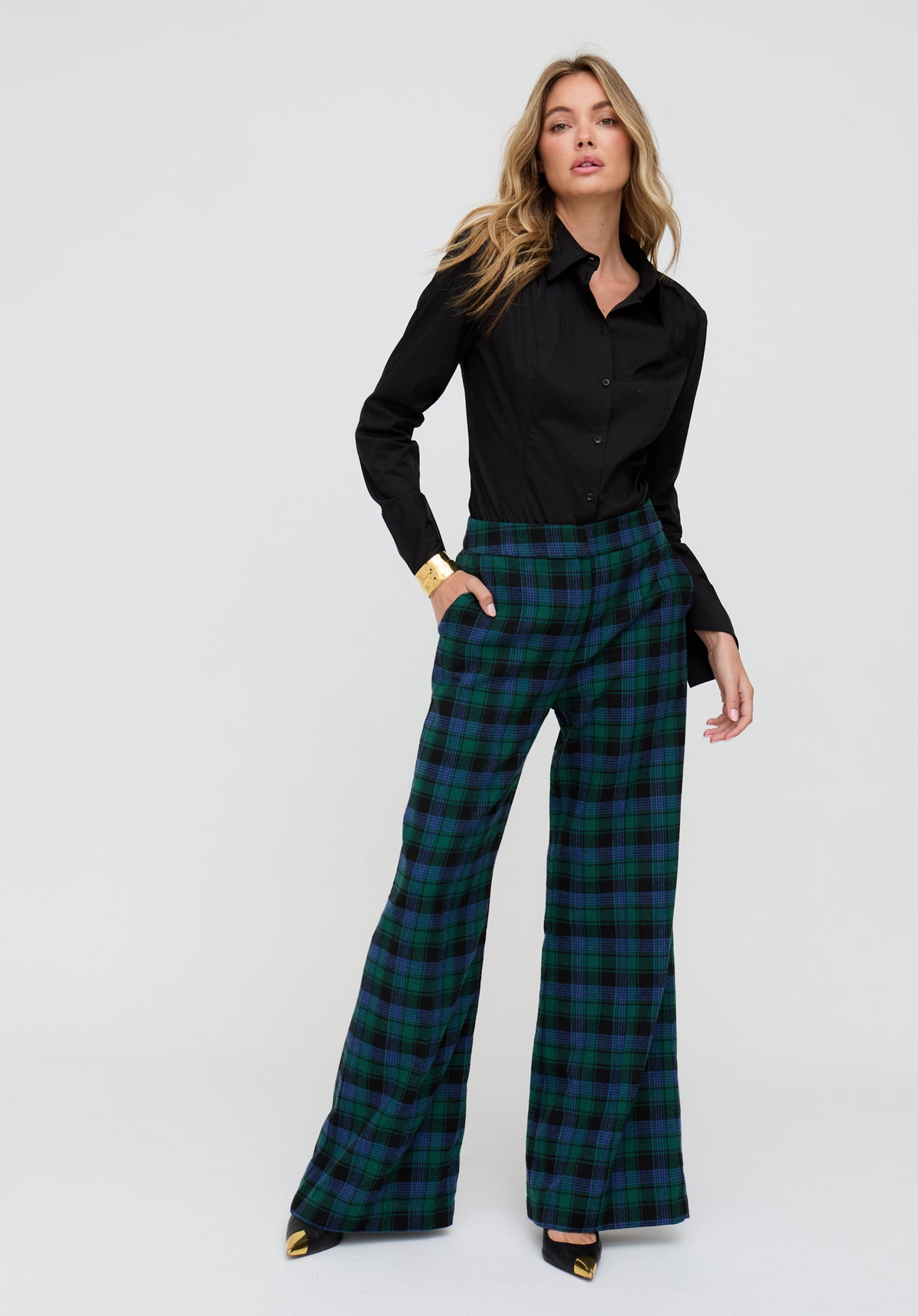 Zena Flared Prince Of Wales Check Print Trouser In Blue - image 1