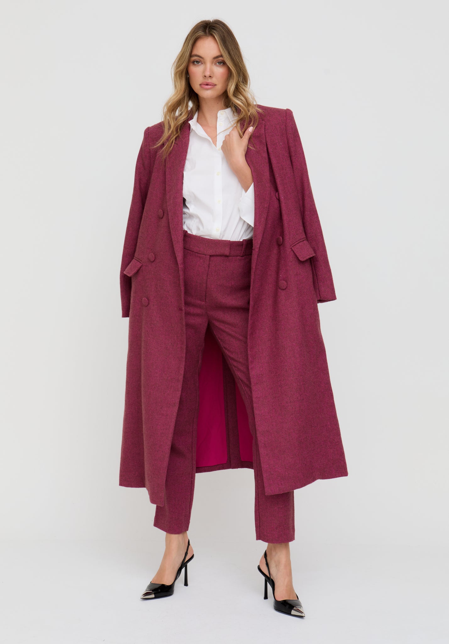 Jakki Tailored Herringbone Print Coat In Pink - image 1