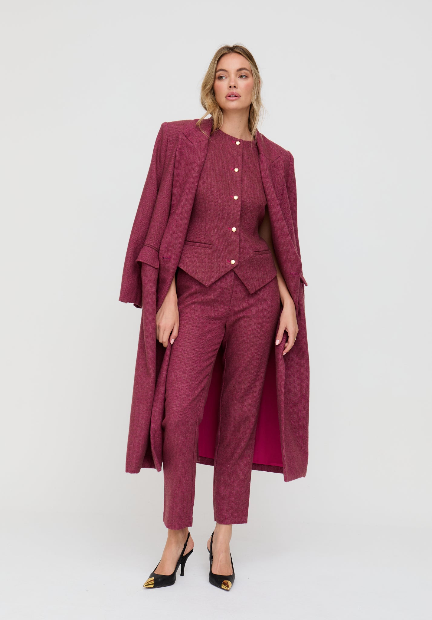 Jakki Tailored Herringbone Print Coat In Pink - image 2
