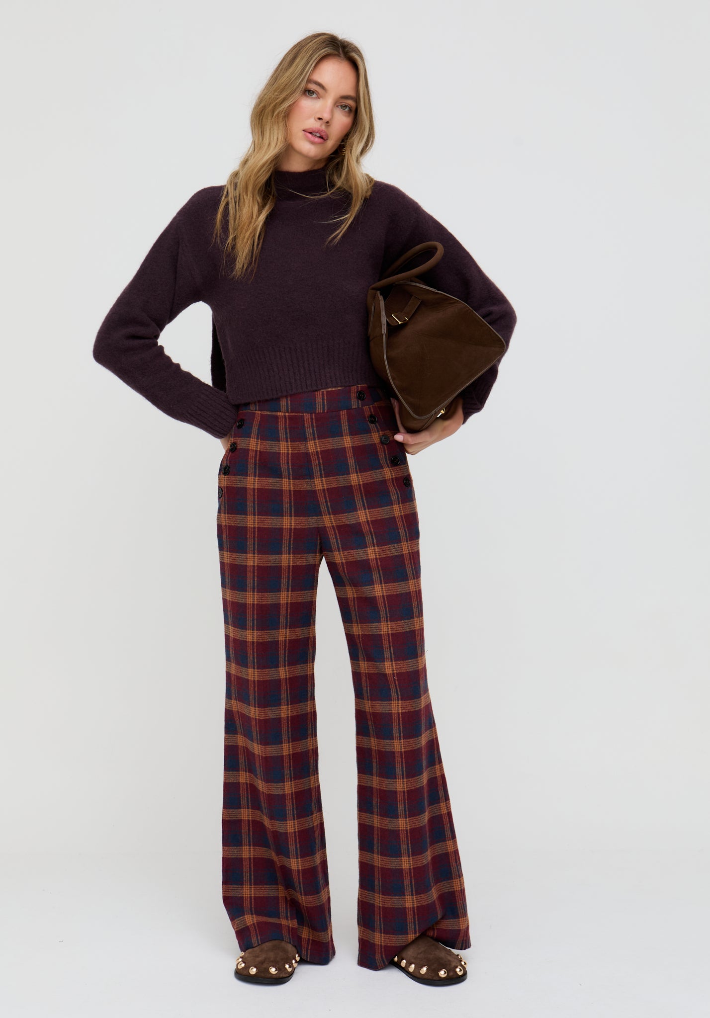 Damson High Waisted Tartan Print Trouser In Burgundy – Lily and