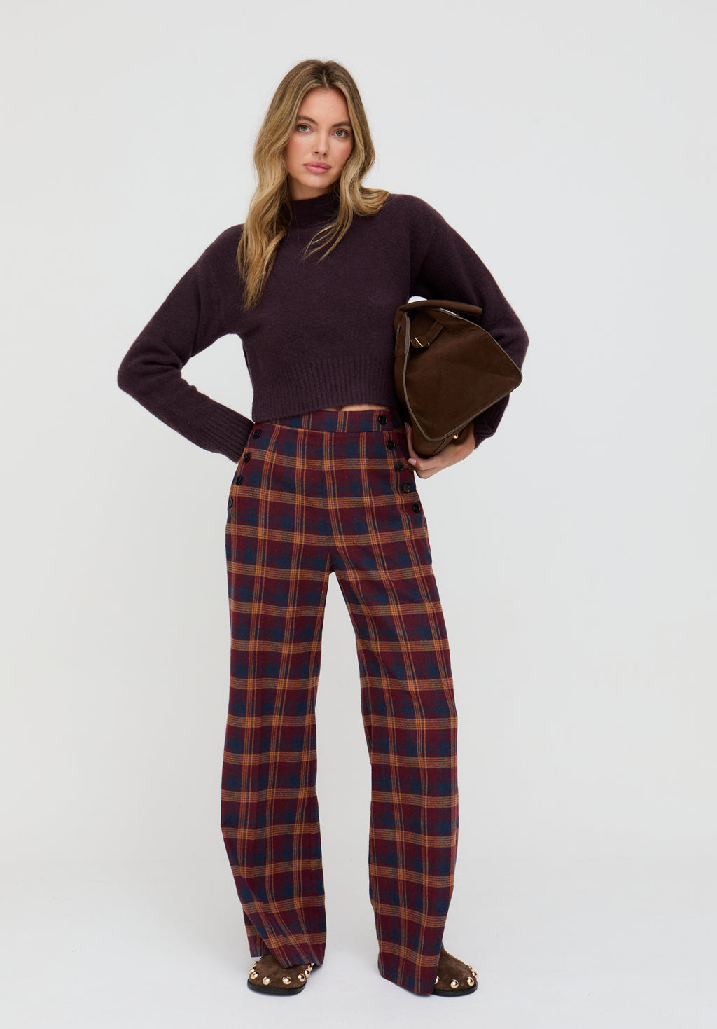 Damson High Waisted Tartan Print Trouser In Burgundy - image 2