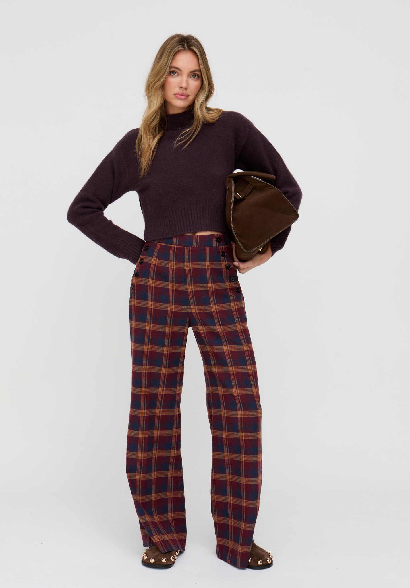 Damson High Waisted Tartan Print Trouser In Burgundy - image 2