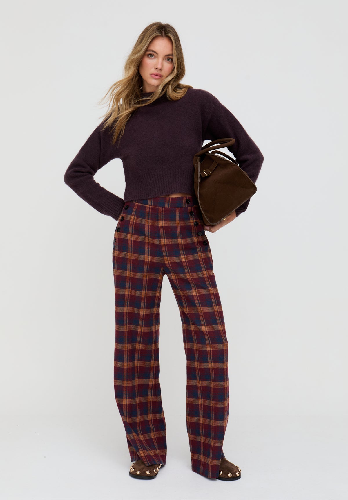 Damson High Waisted Tartan Print Trouser In Burgundy - image 1
