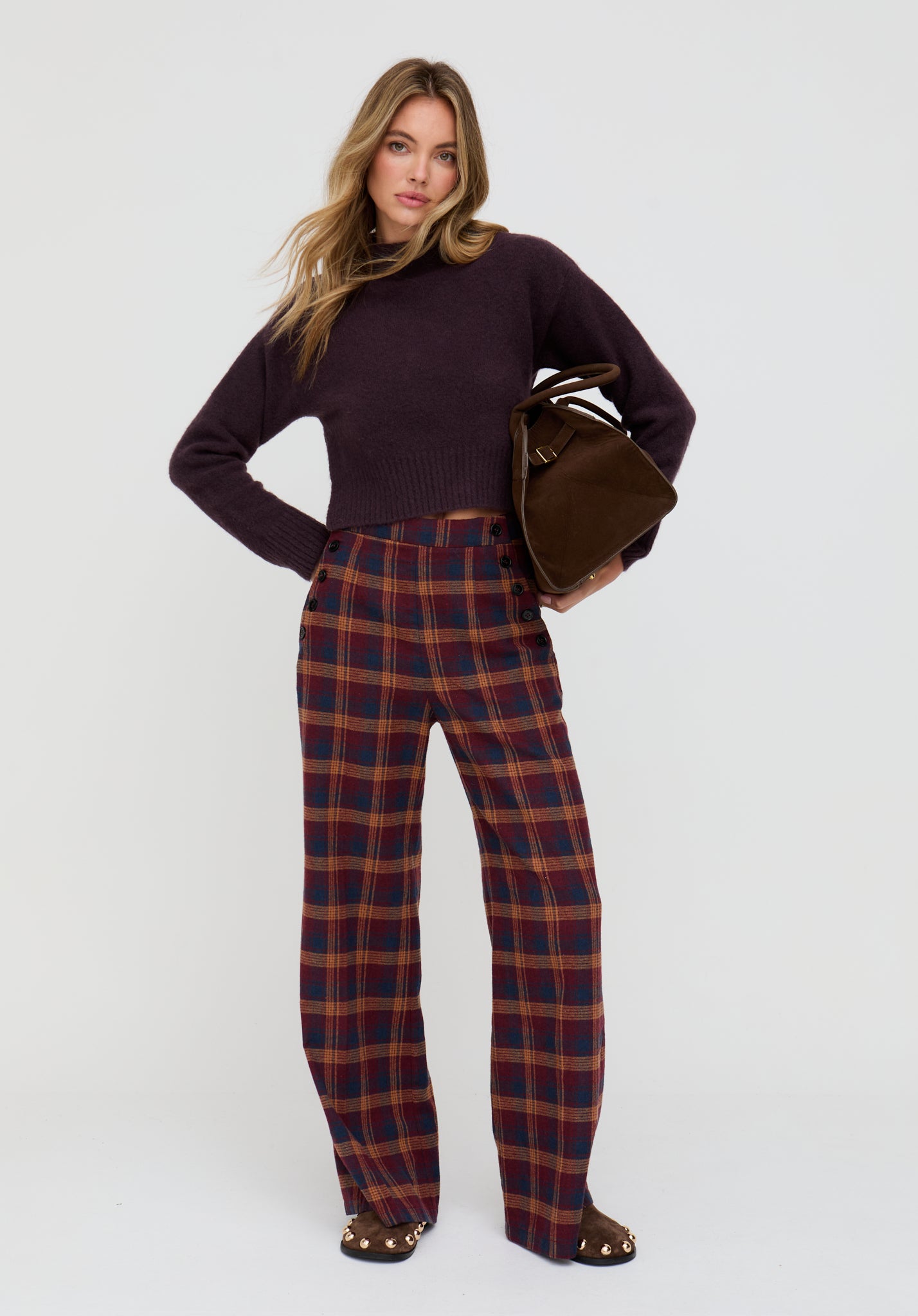 Damson High Waisted Tartan Print Trouser In Burgundy - image 1