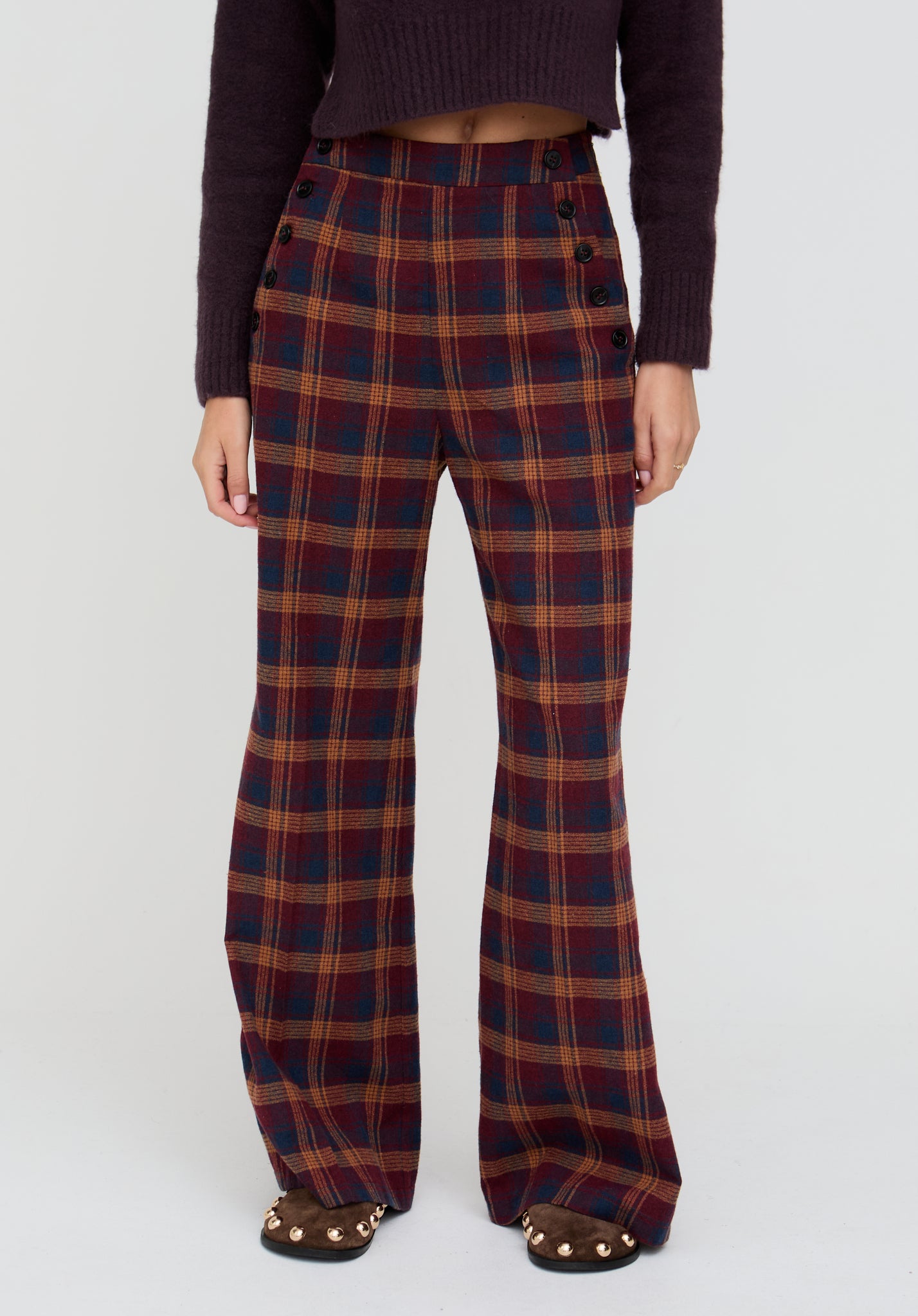 Damson High Waisted Tartan Print Trouser In Burgundy - image 3