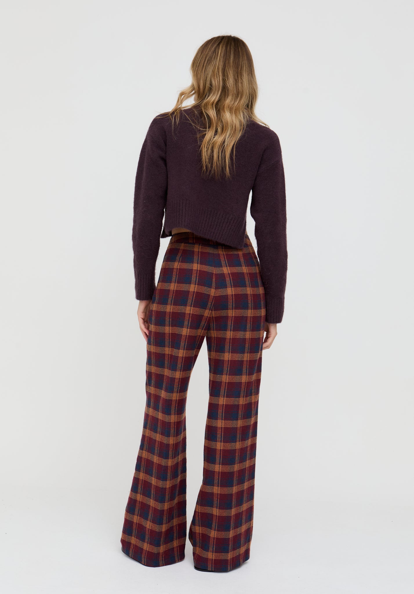 Damson High Waisted Tartan Print Trouser In Burgundy - image 4