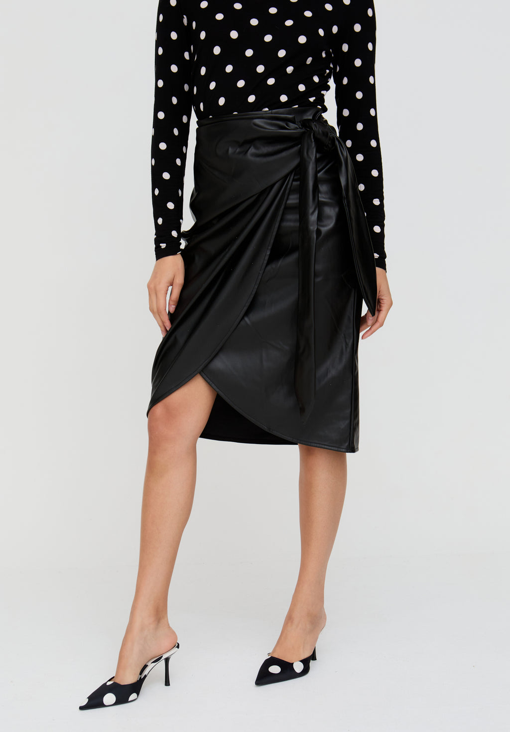 Nia Draped Leather Midi Skirt In Black