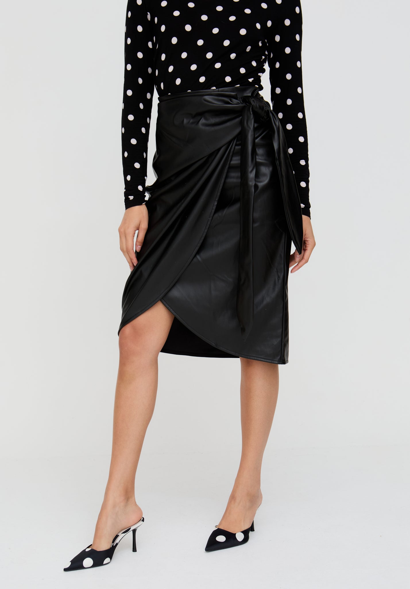 Nia Draped Leather Midi Skirt In Black