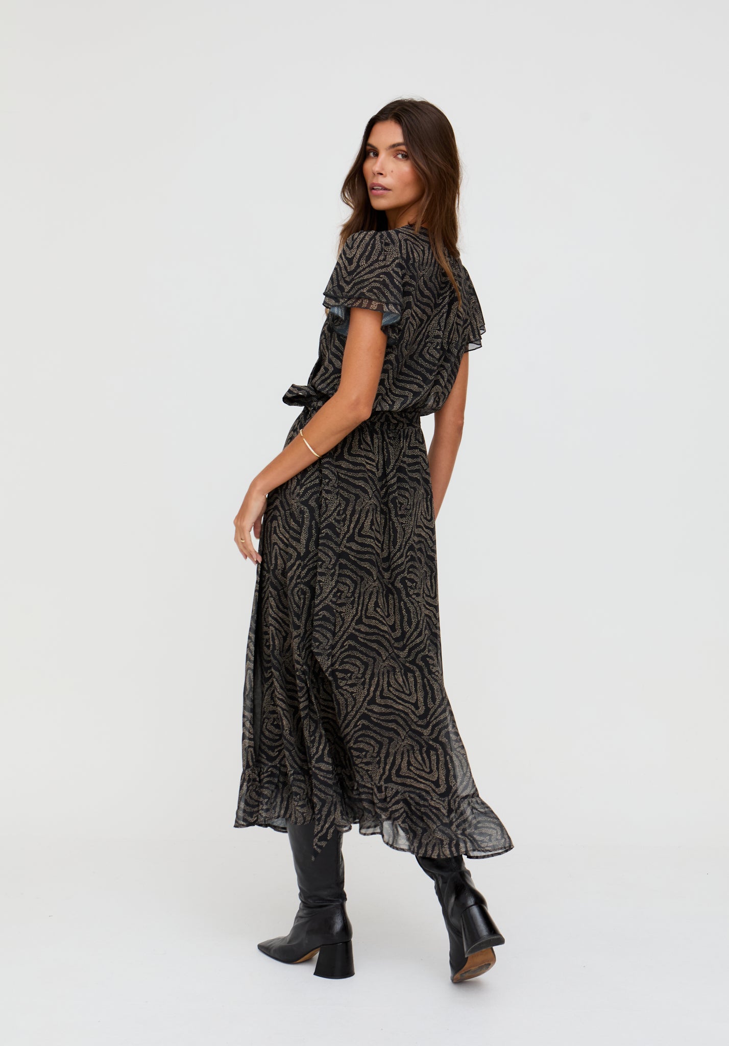 Devina Ruffle Detail Zebra Print Maxi Dress In Black 