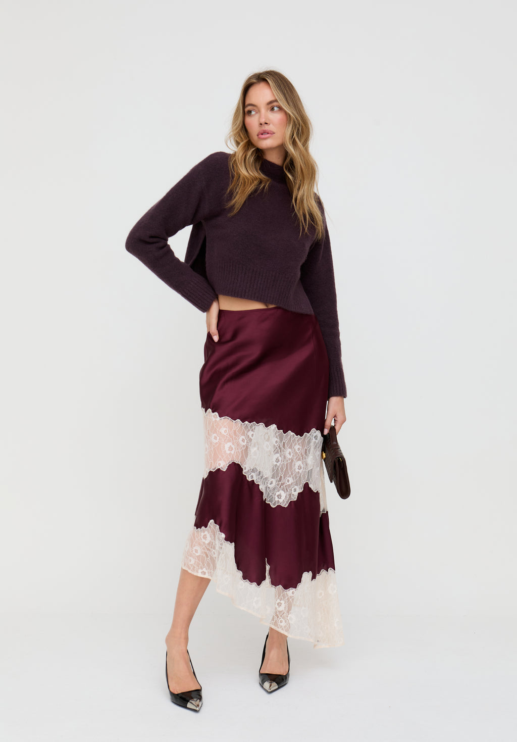 Elenor Lace Insert Midi Skirt In Burgundy - image 1