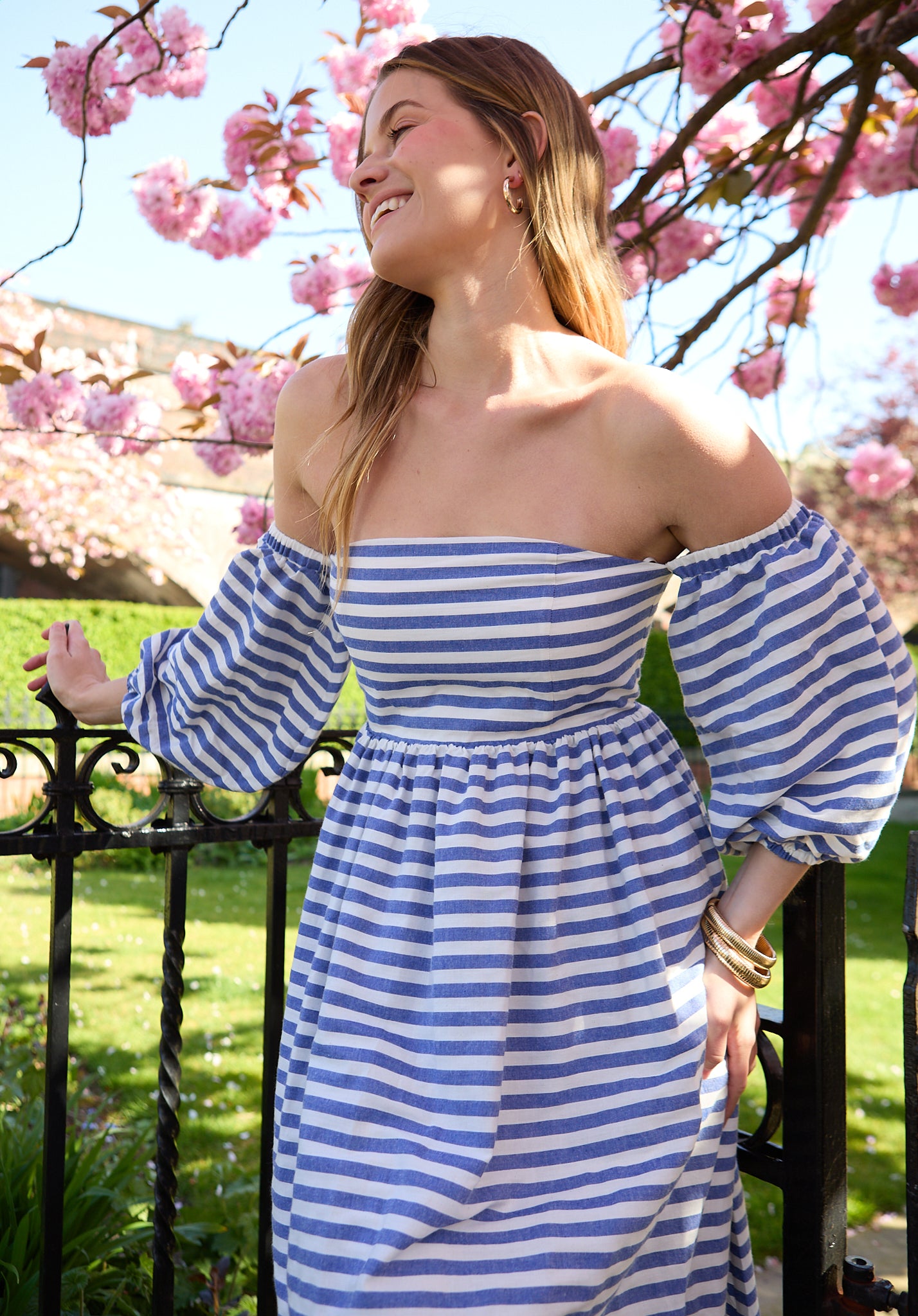 Sara Stripe Bardot Midi Dress In Multi - image 2