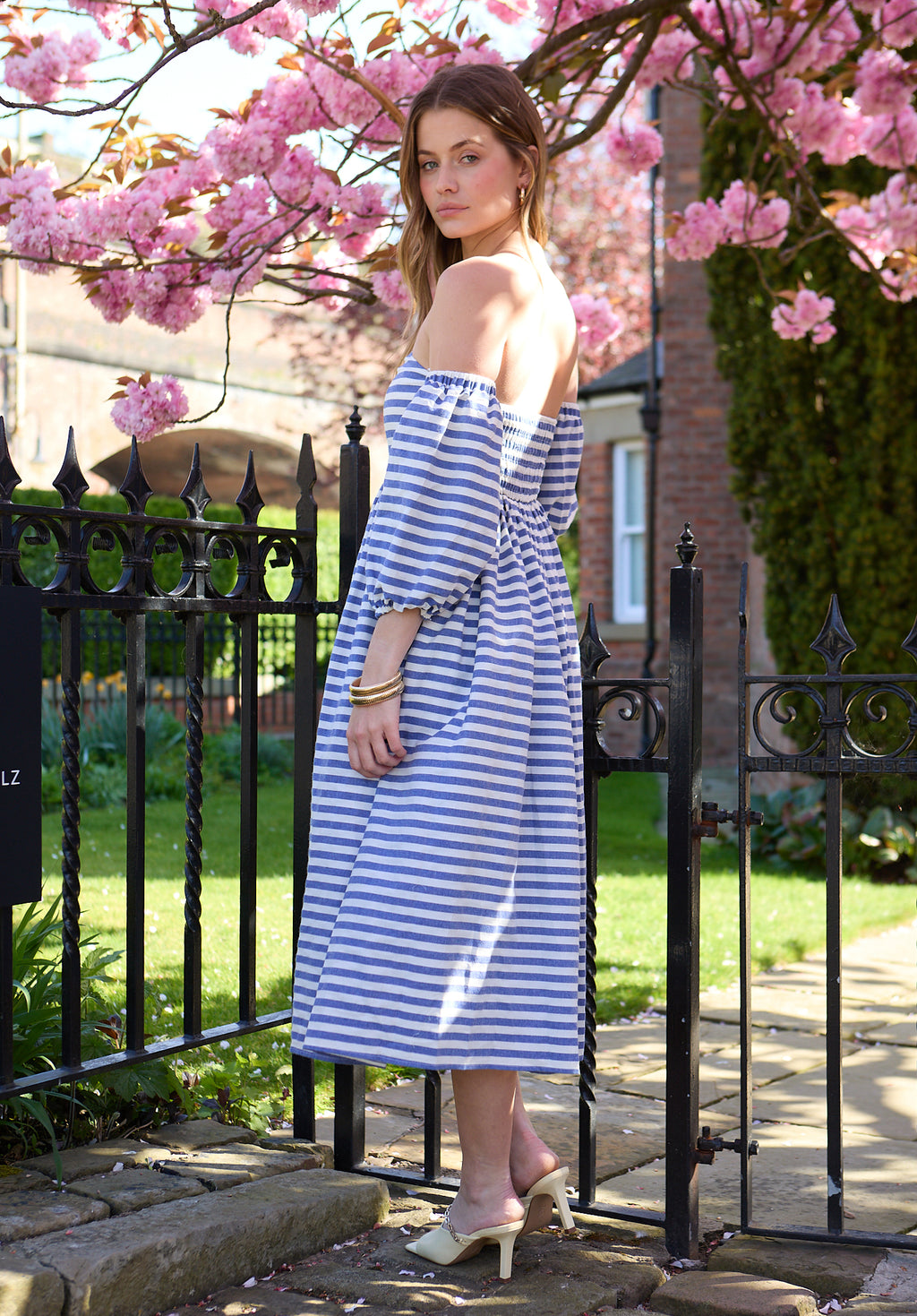 Sara Stripe Bardot Midi Dress In Multi - image 4