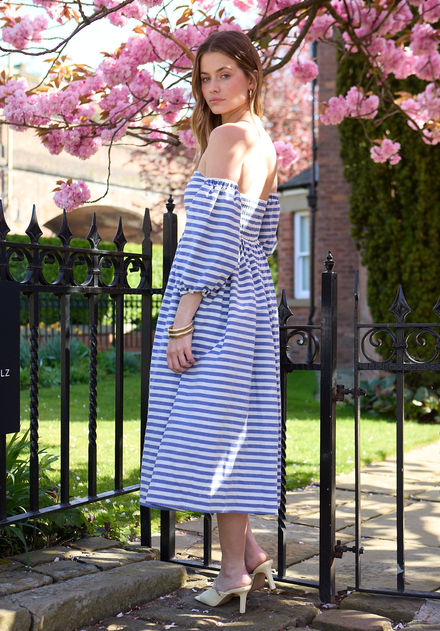 Sara Stripe Bardot Midi Dress In Multi - image 4