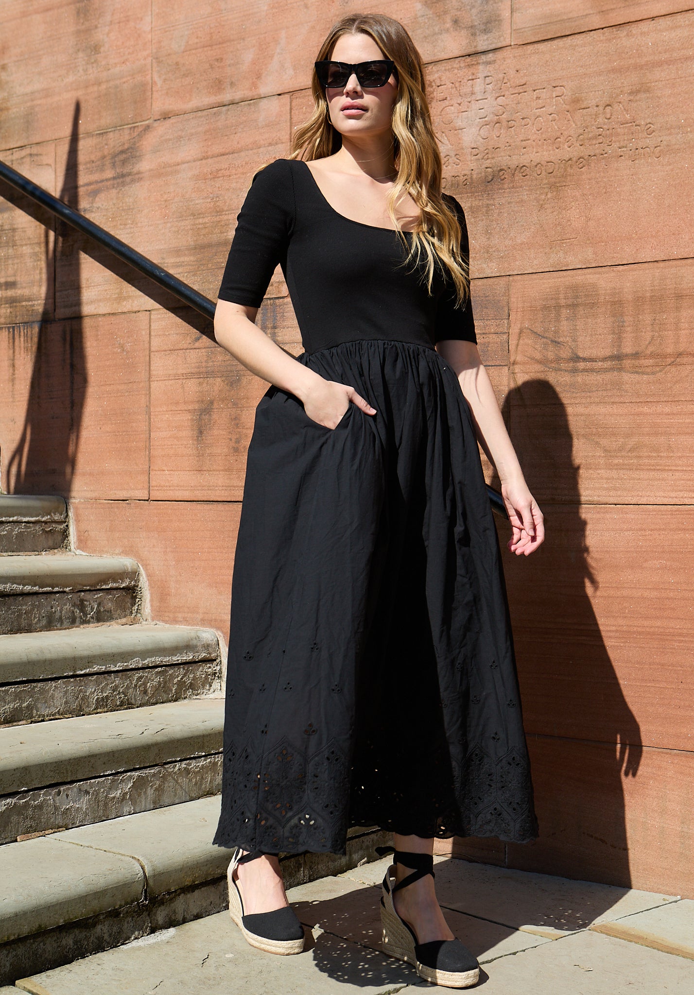 Sydney Short Sleeve Jersey Bodice Embroidered Midi Dress In Black - image 3