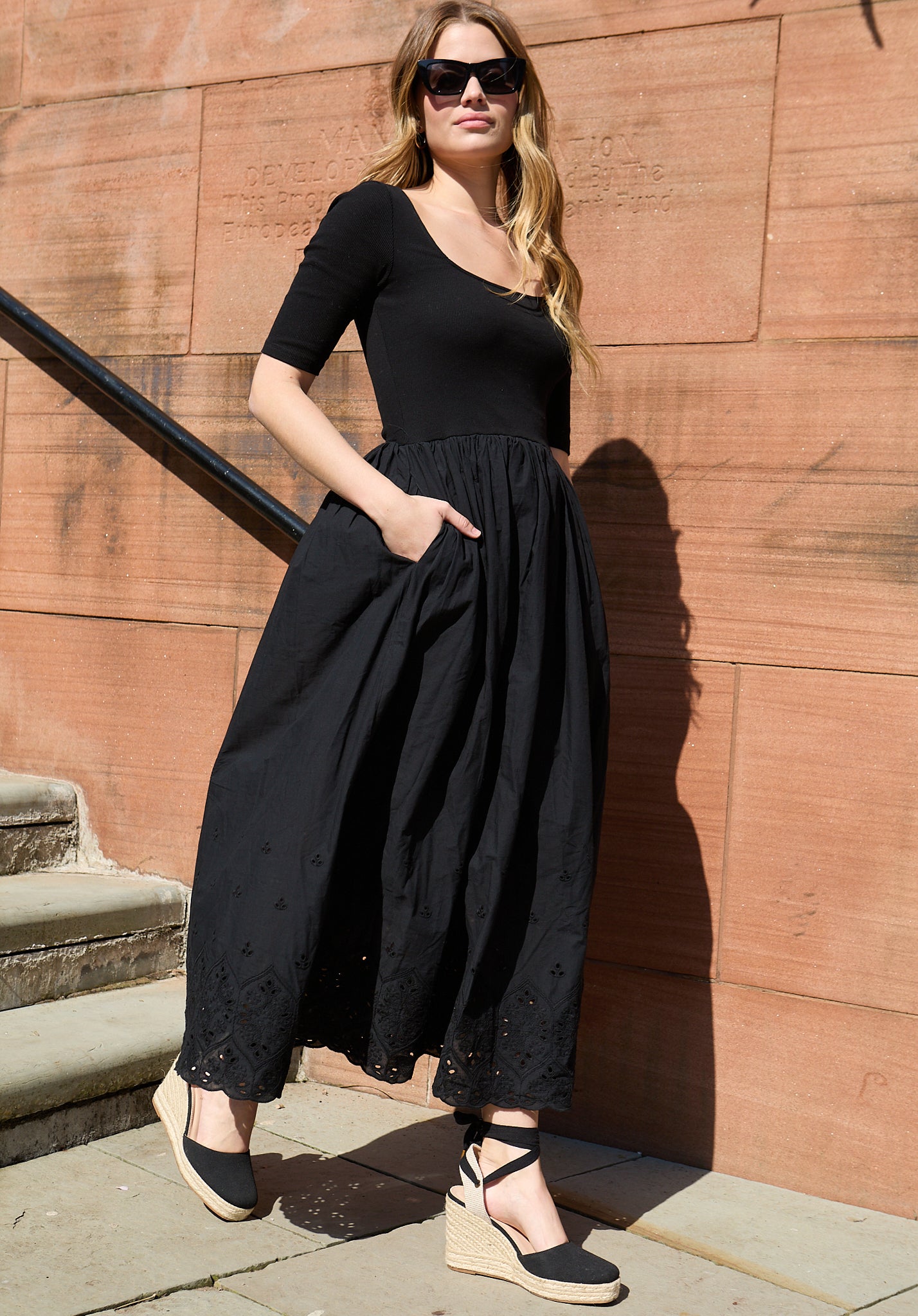 Sydney Short Sleeve Jersey Bodice Embroidered Midi Dress In Black - image 1