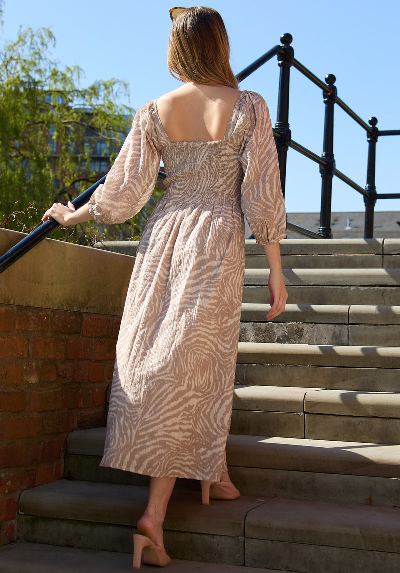 Lauren Shirred Bodice Banana Print Maxi Dress In Brown