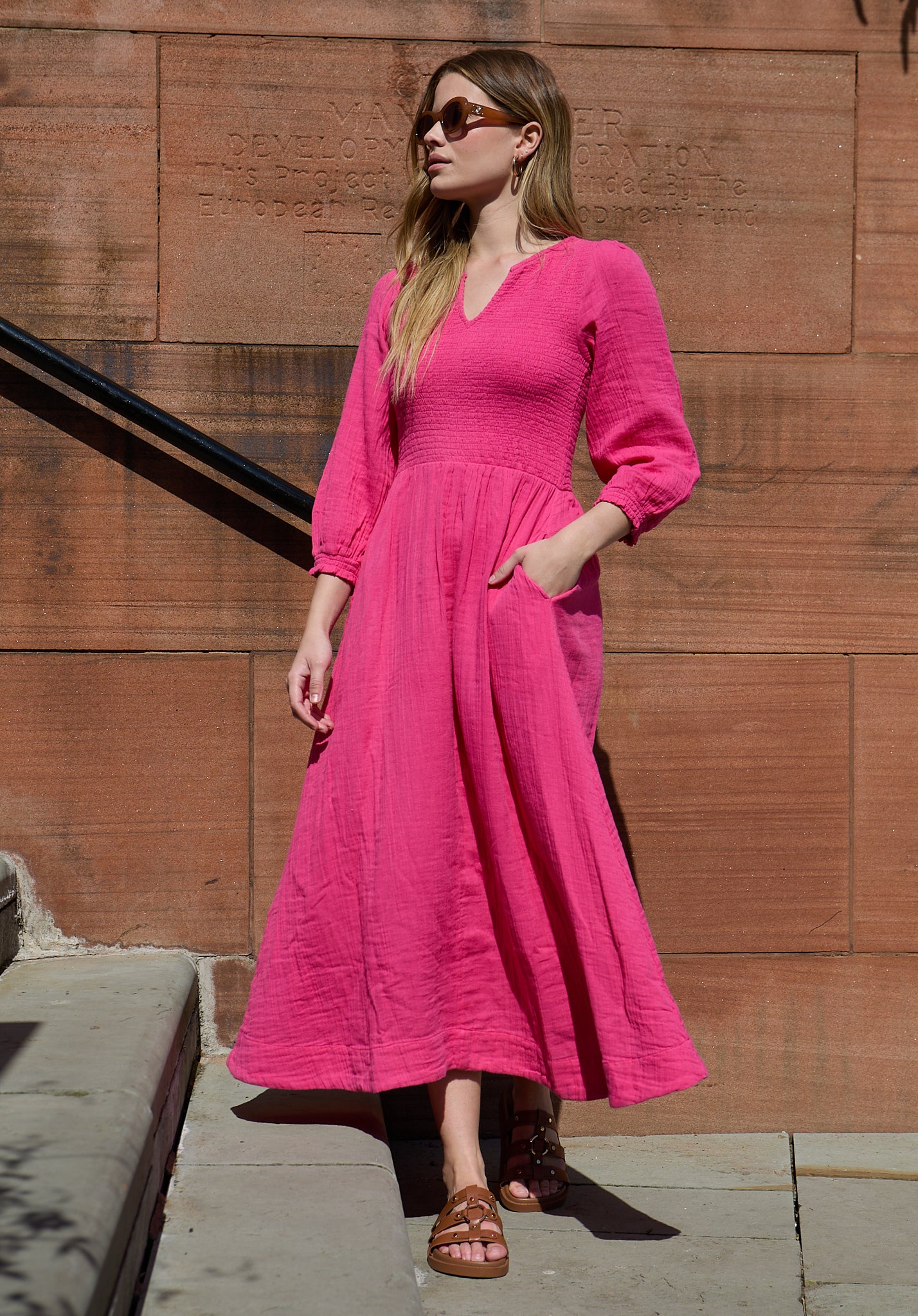 Paulina Shirred Bodice Midi Dress In Pink - image 4