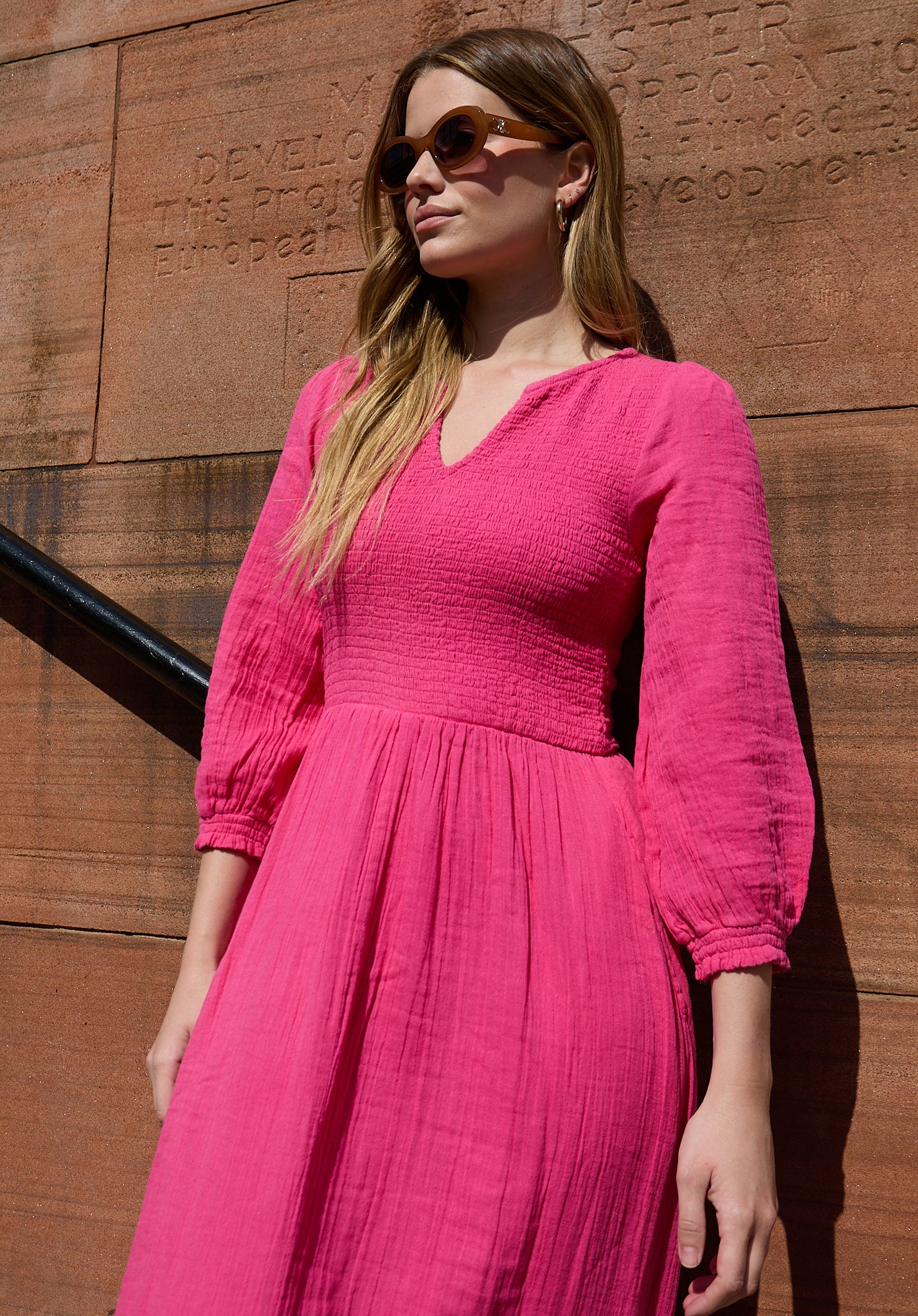 Paulina Shirred Bodice Midi Dress In Pink - image 2