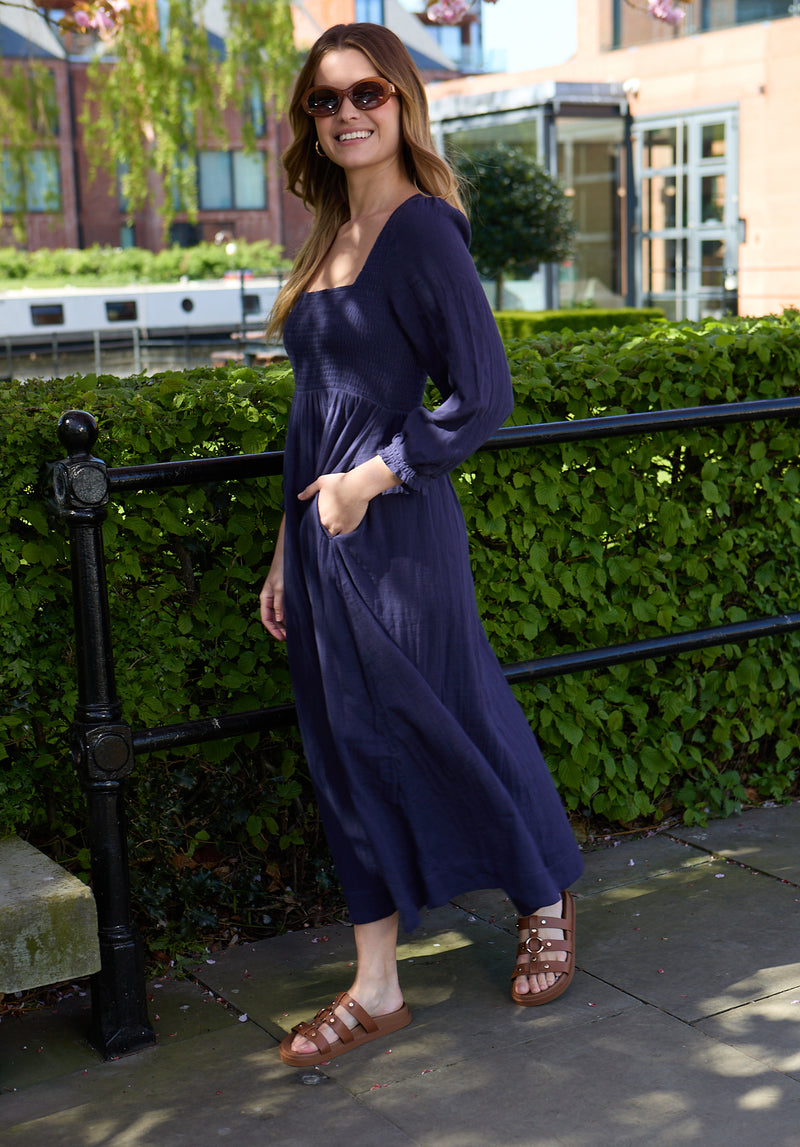 Pippa Shirred Bodice Maxi Dress In Navy