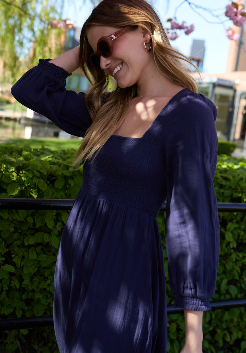 Pippa Shirred Bodice Maxi Dress In Navy