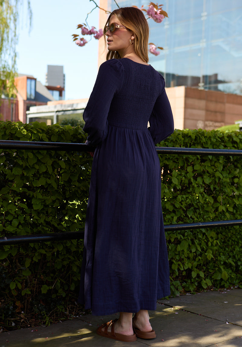 Pippa Shirred Bodice Maxi Dress In Navy