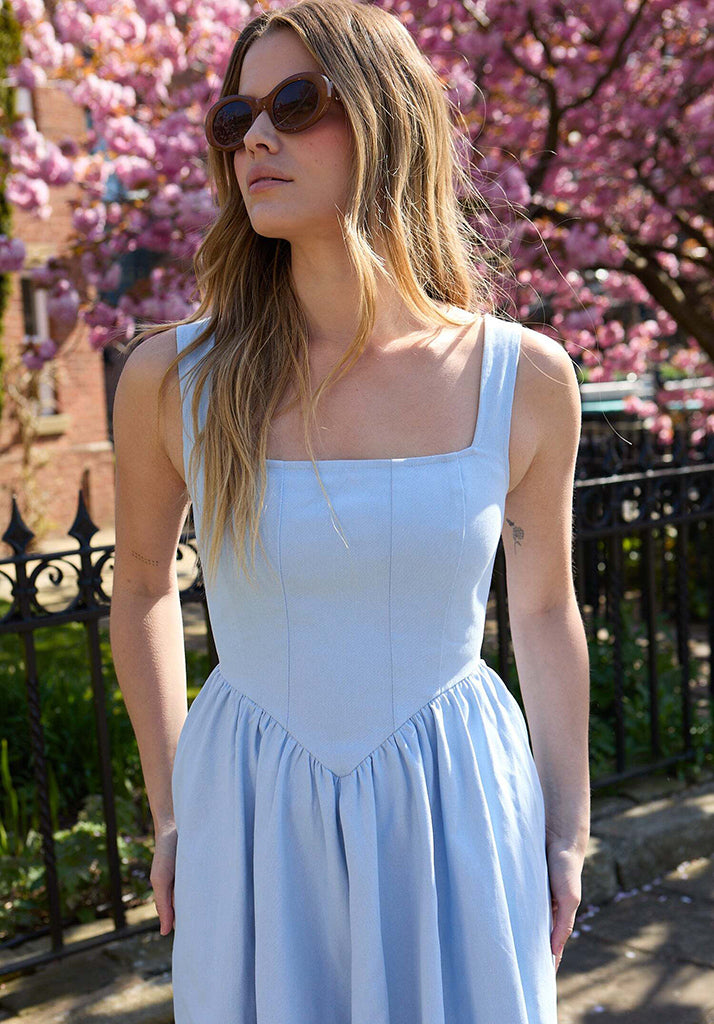 model wearing Hayley Corset Inspired Midi Dress In Light Blue - image 3