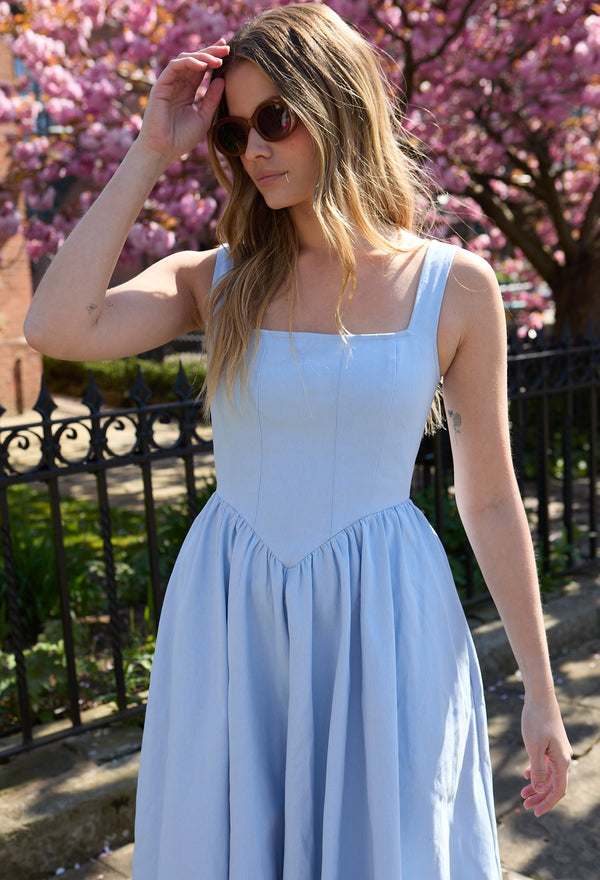 Hayley Corset Inspired Midi Dress In Light Blue