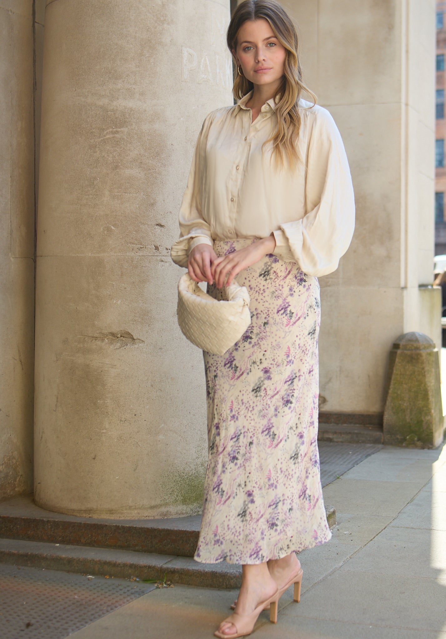 model wearing Saint Lace Insert Wonderland Print Midi Skirt In Multi - image 2
