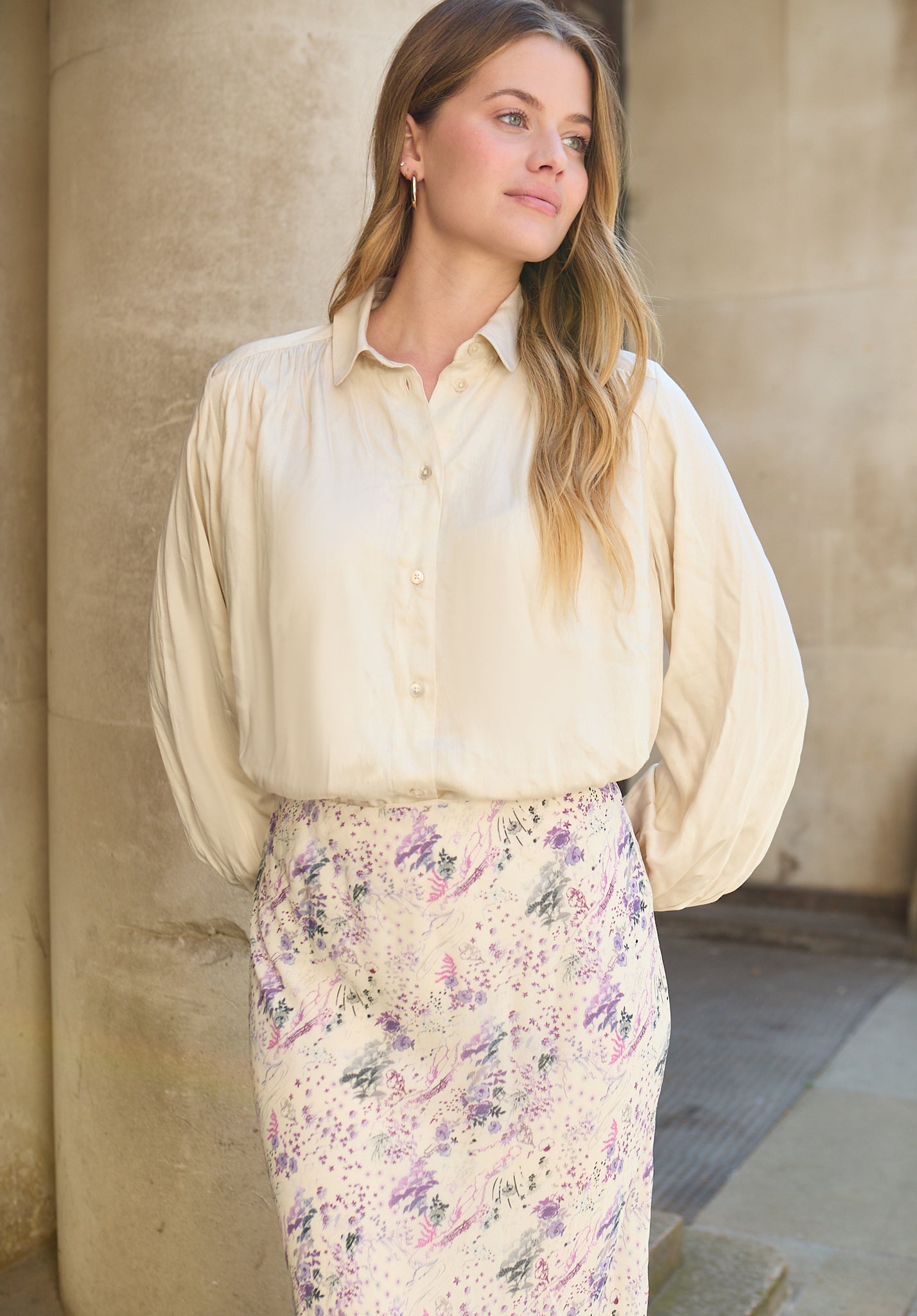 model wearing Saint Lace Insert Wonderland Print Midi Skirt In Multi - image 4