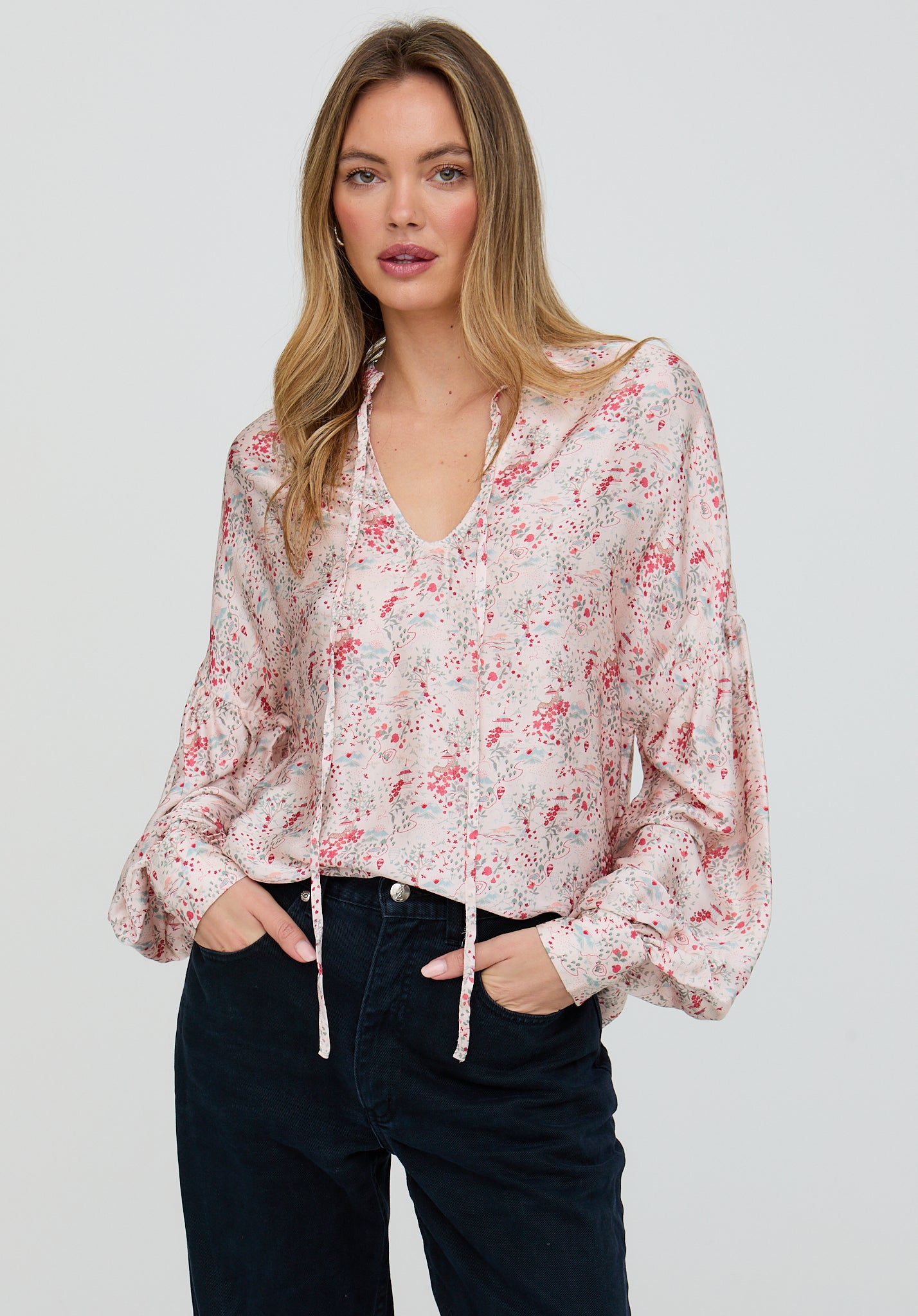 Rosetti Billowy Sleeves Wishing Well Floral Print Blouse In Multi