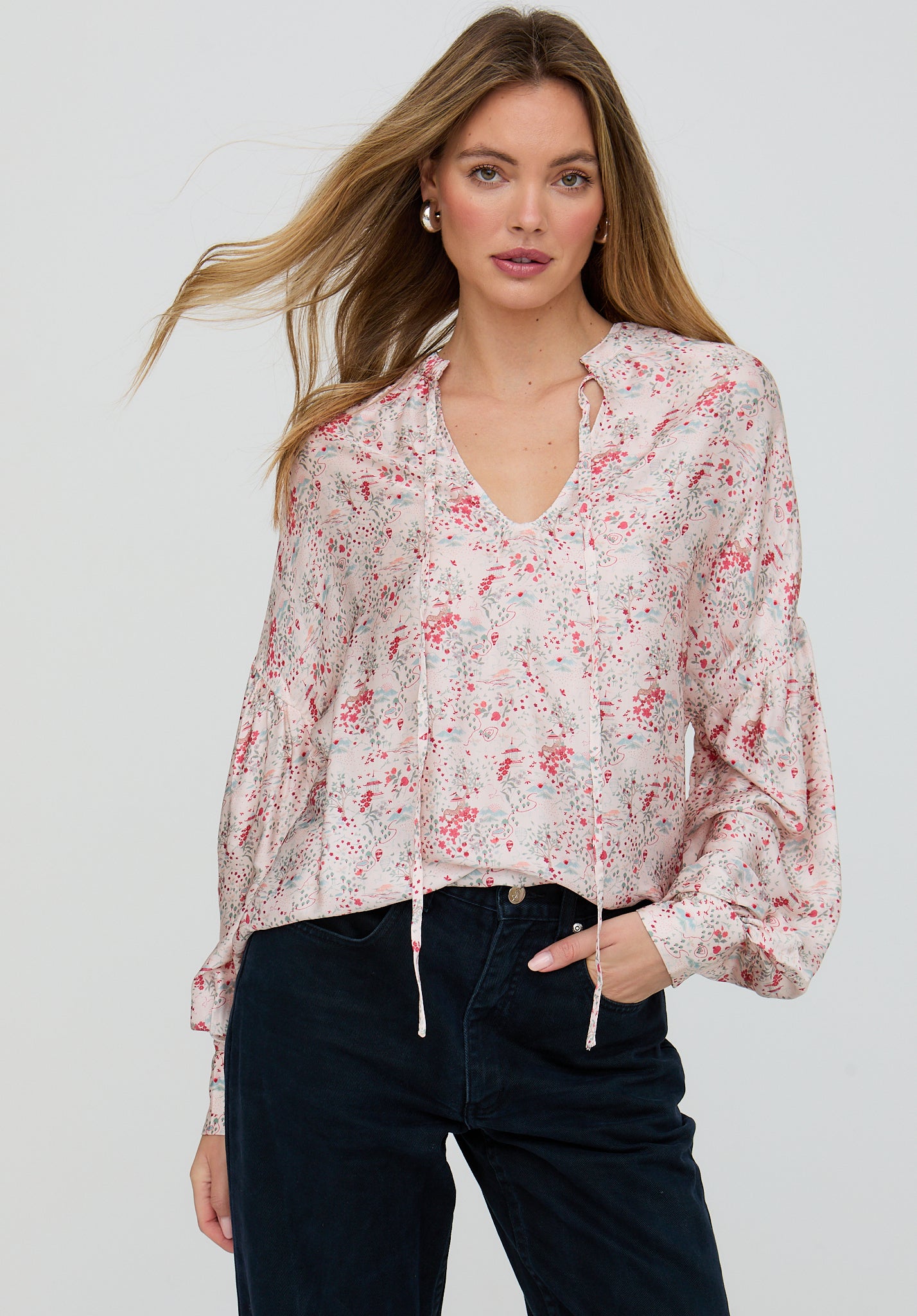 Rosetti Billowy Sleeves Wishing Well Floral Print Blouse In Multi
