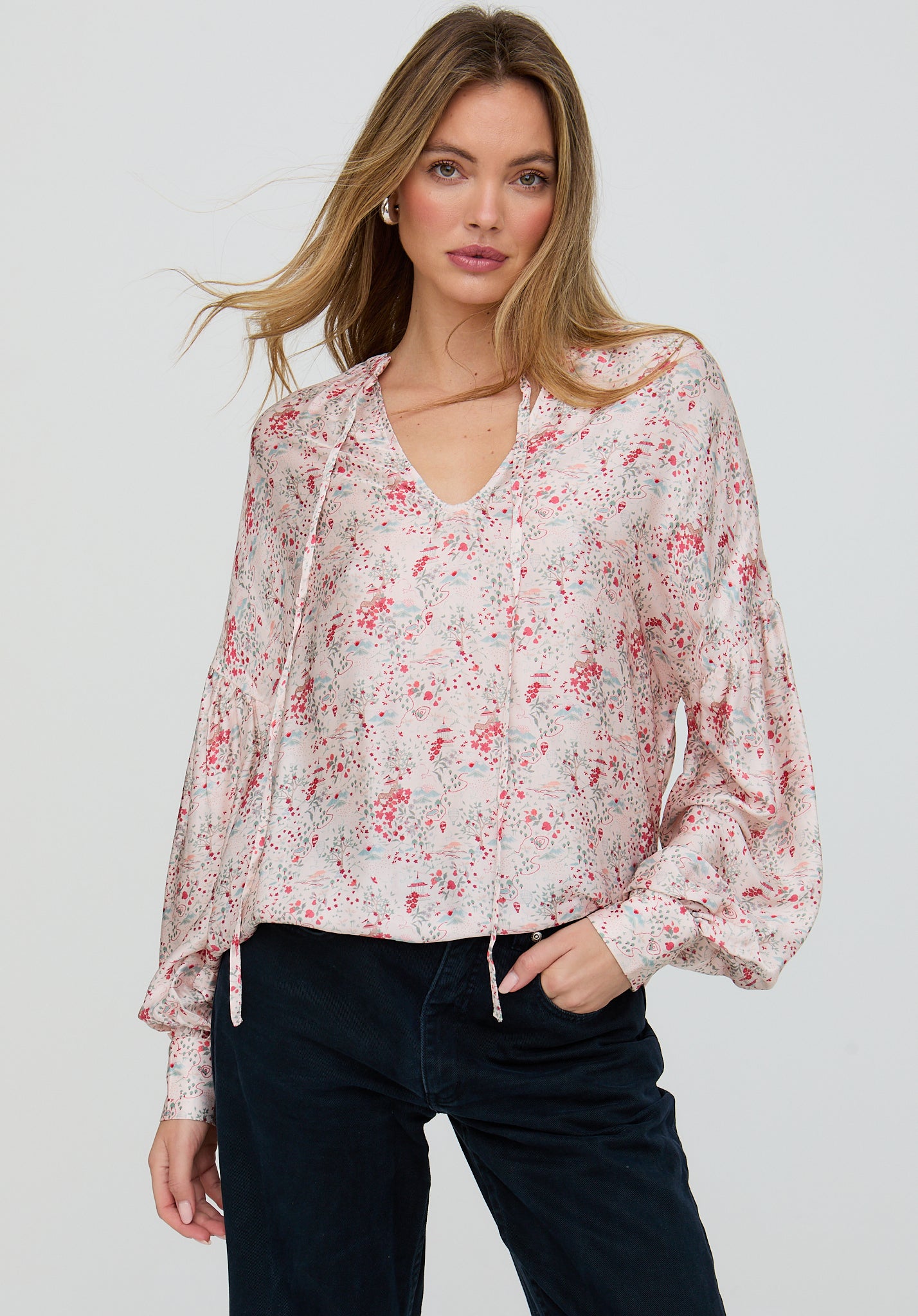 Rosetti Billowy Sleeves Wishing Well Floral Print Blouse In Multi
