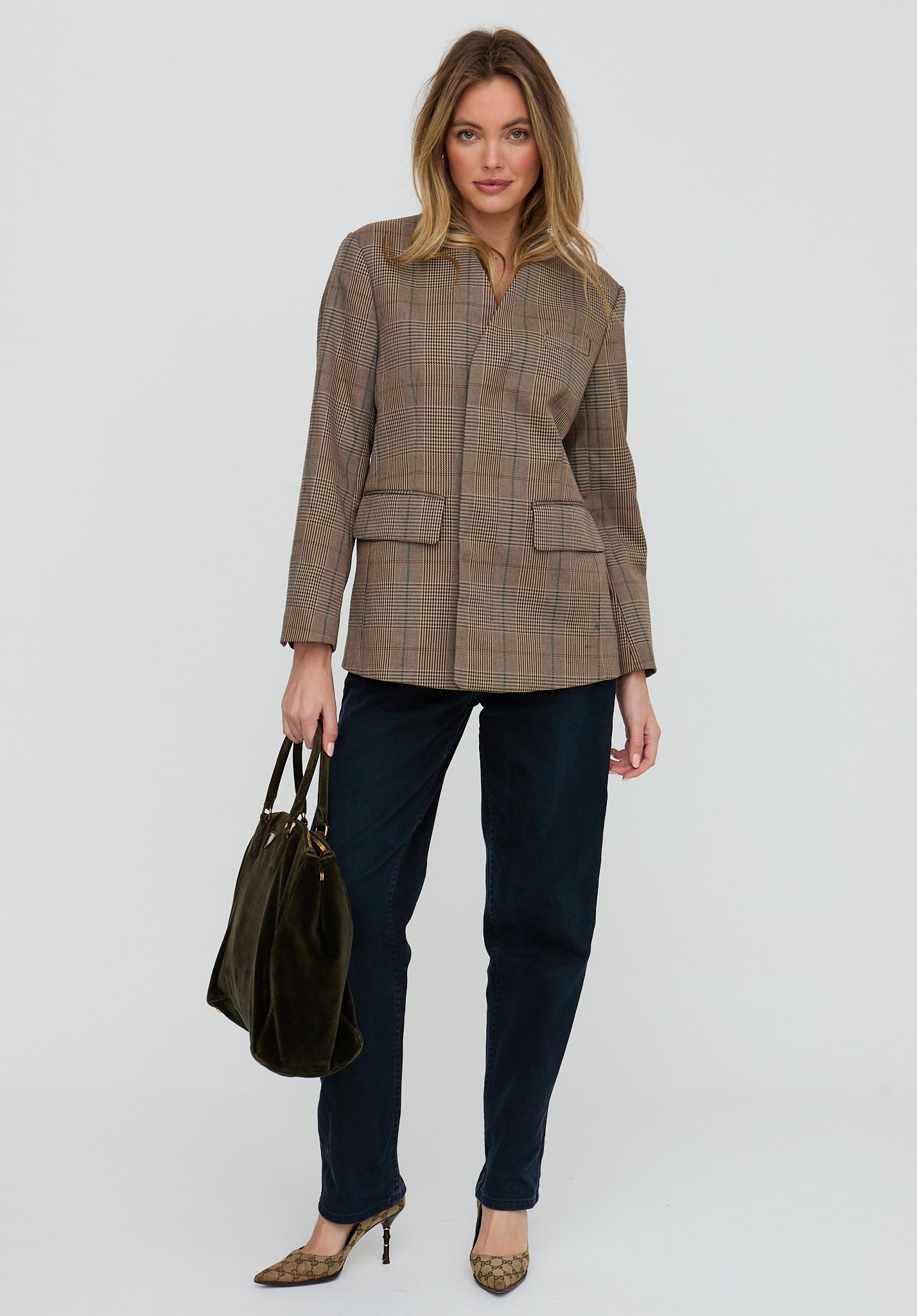 Leah Collarless Check Print Jacket In Brown